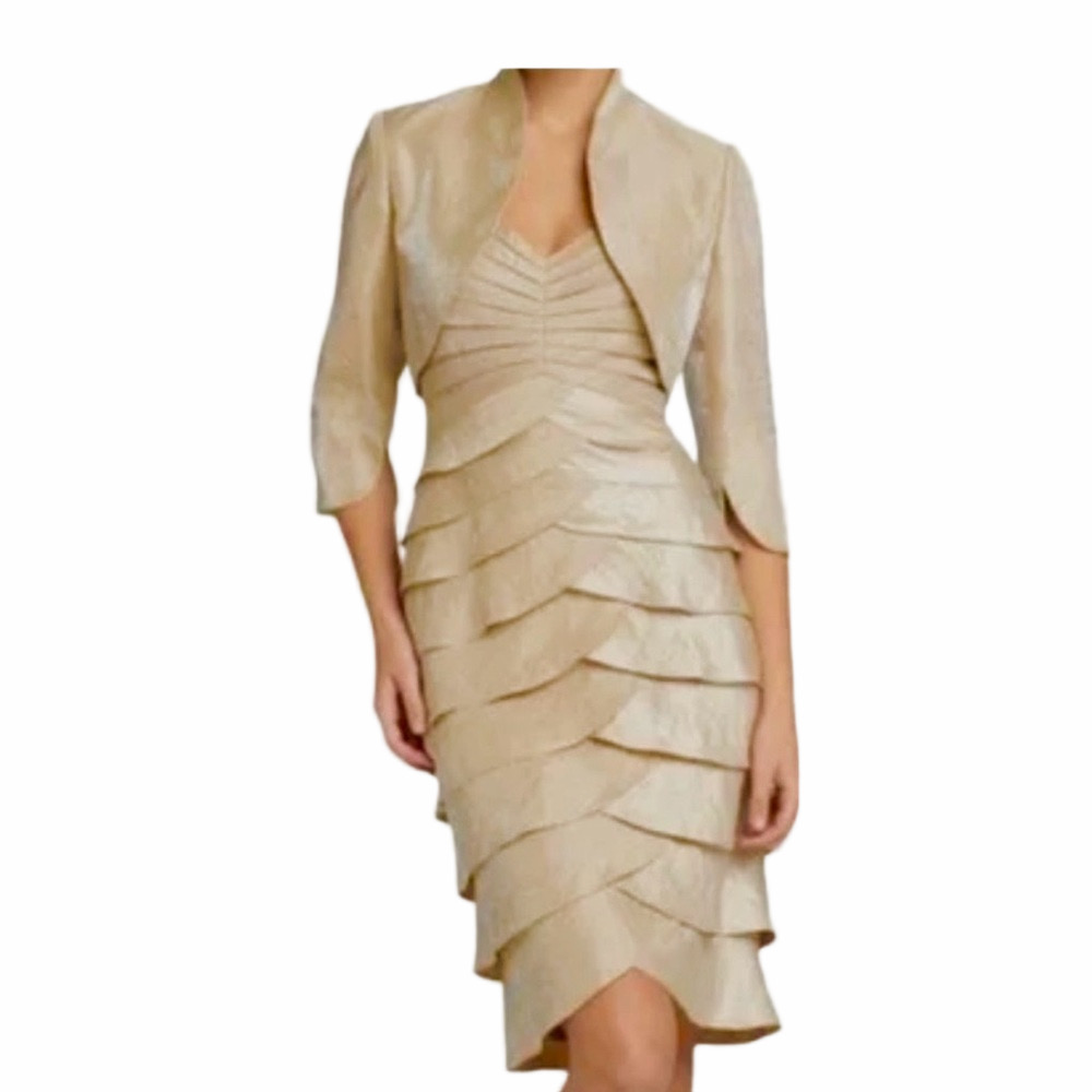 ADRIANNA PAPELL Tiered Shutter Dress Silk Jacket Size 6P Champagne Strapless NEW - Picture 3 of 16